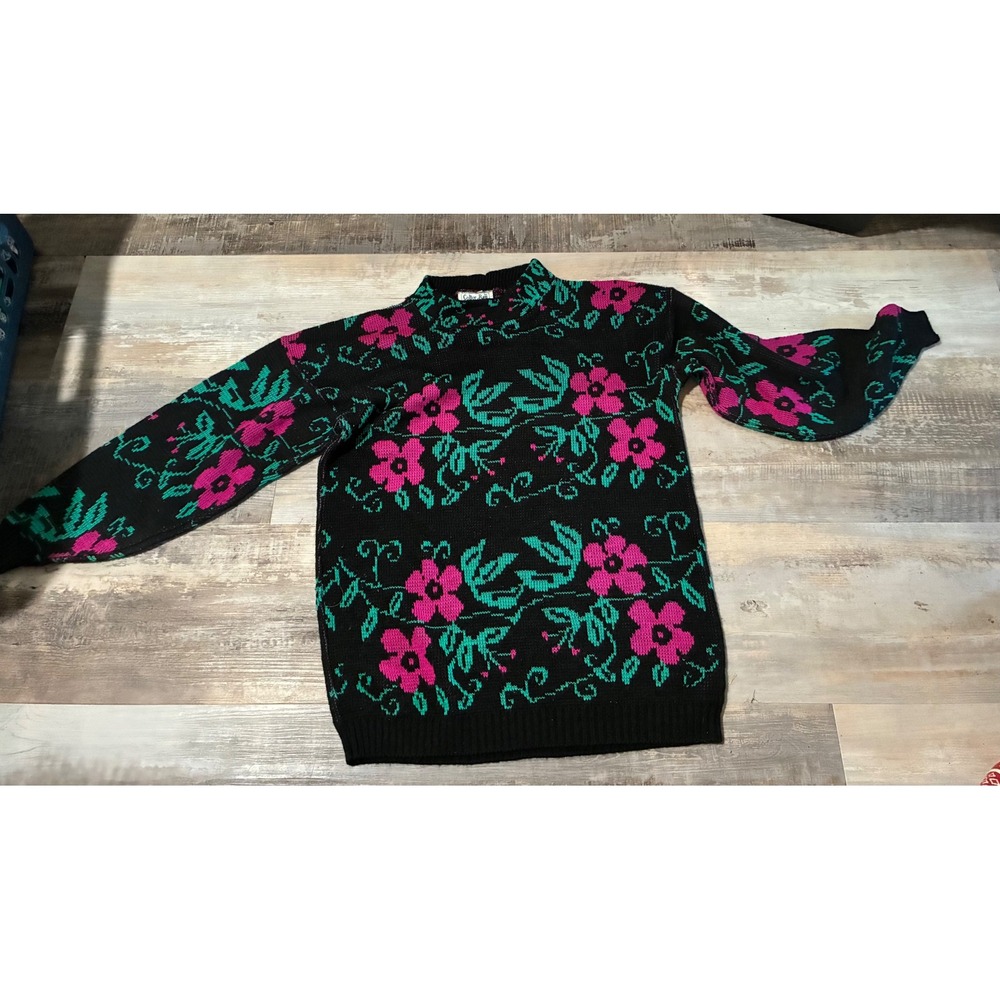 Vintage Colter Bay International Floral Knit Sweater Black Pink Teal Mock Neck